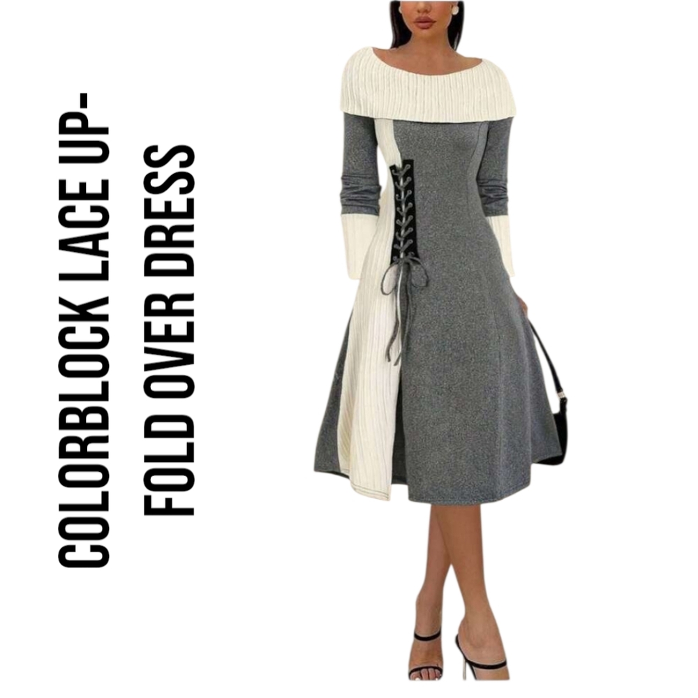 Women Colorblock Lace Up Foldover Dress Two Tone Knitted A-Line Boat Neck Long L